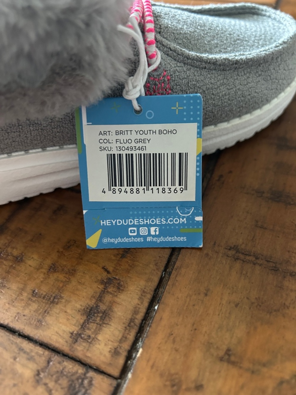 Hey Dude Britt Youth BOHO Gray Faux-Fur Slip-On Shoes with Pink Laces 13 kids - Picture 8 of 8